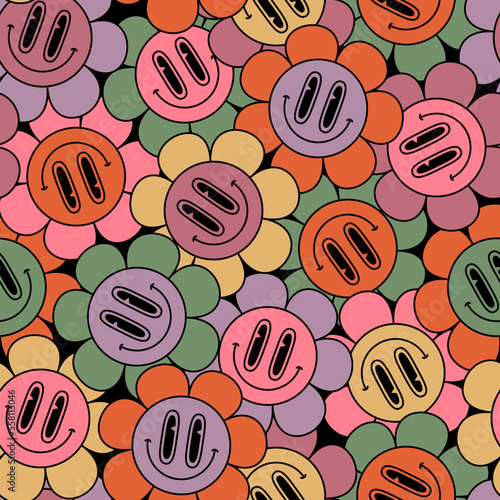 Abstract smiling flower face seamless pattern in 70s hippie style.