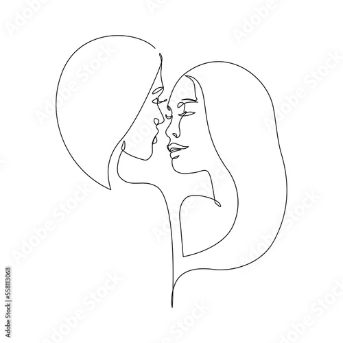 Abstract lesbian couple line art drawing. LGBT lesbian homosexual family. Women kissing, hugging isolated on white background