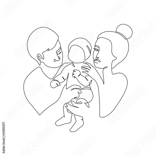Mother and father smiling at their baby doodle isolated on white background
