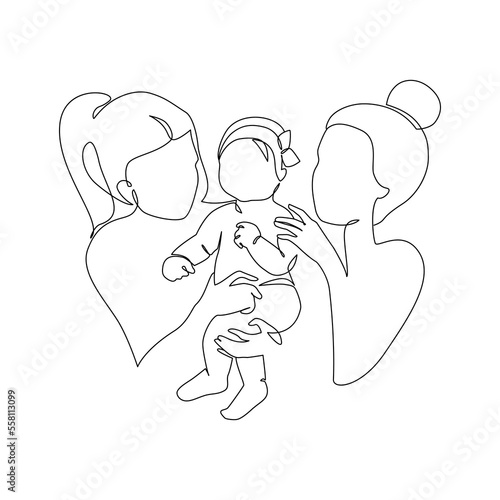 Abstract lesbian couple with a child line art drawing. LGBT lesbian homosexual family.