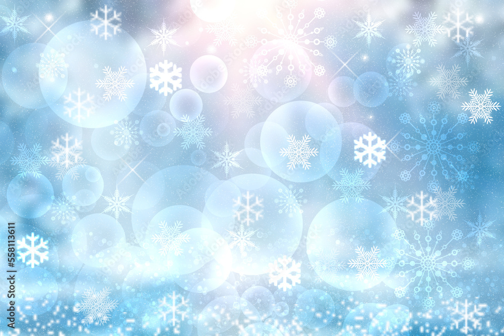 Abstract blurred festive light blue winter christmas or Happy New Year background texture with shiny blue and white bokeh lighted glittering snowflakes and stars. Space for your design. Card concept.