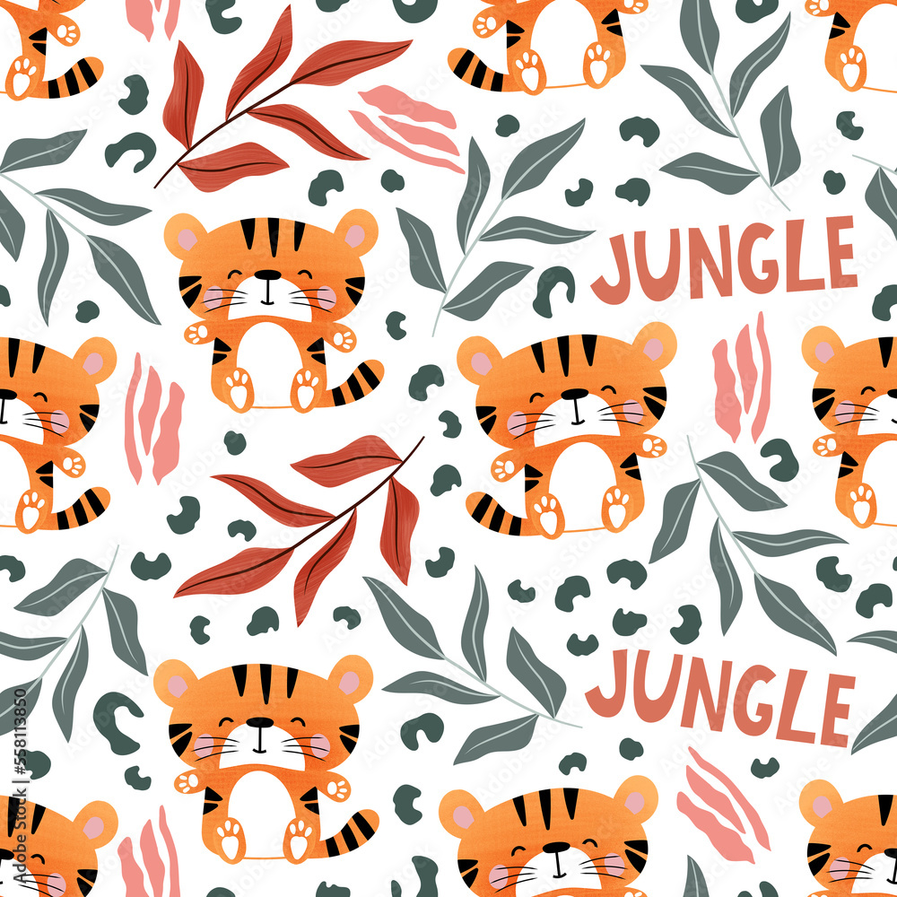 Cute little tiger seamless pattern, Tiger nad jungle repeat print,  Cute tiger character nursery wallpaper, Animal baby background, Adorable little tiger  and tropical leaves pattern, Childrens print 
