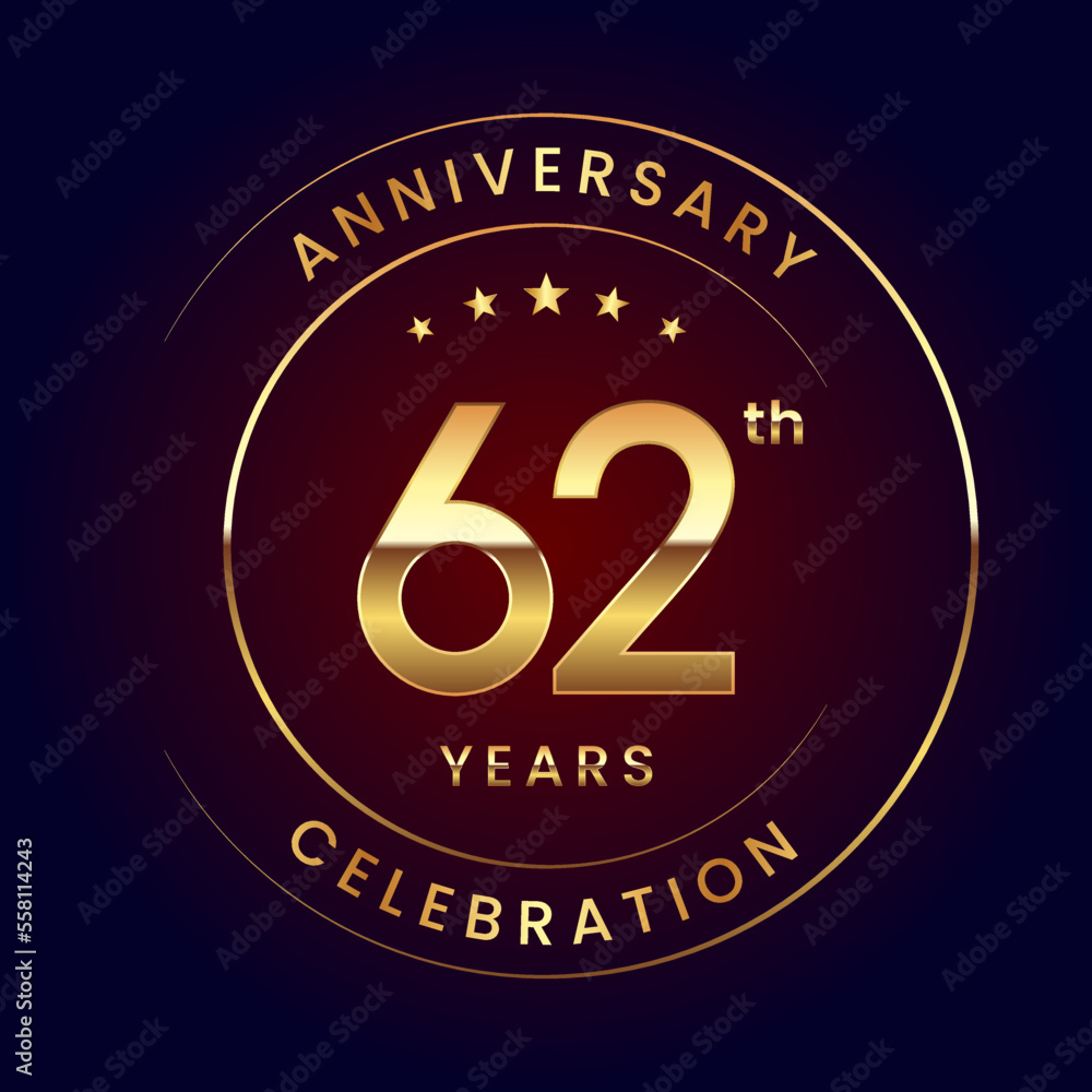 62th Anniversary. A luxurious and simple logo design with gold color ring and text for an anniversary celebration event. Logo Vector Illustration 62th Anniversary. A luxurious and simple logo design with gold color ring and text for an anniversary celebration event. Logo Vector Illustration