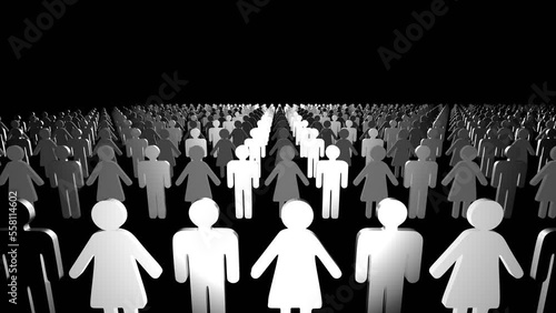 A fly-through silhouette of women and men against a black background, loop animation.