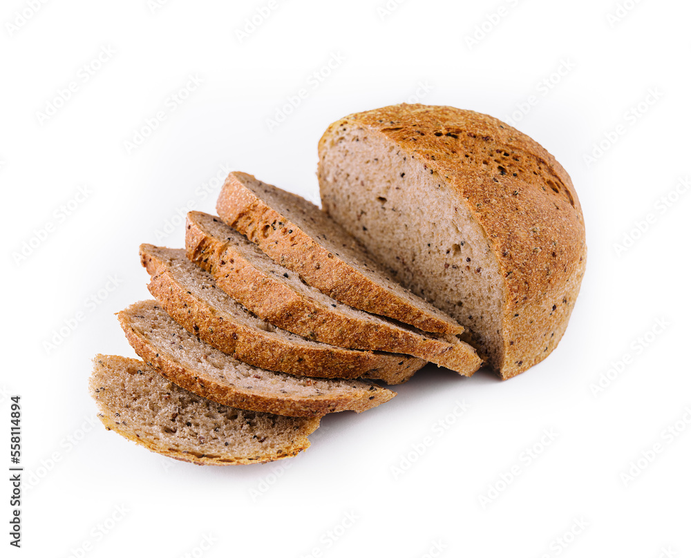 Black bread with seeds on white