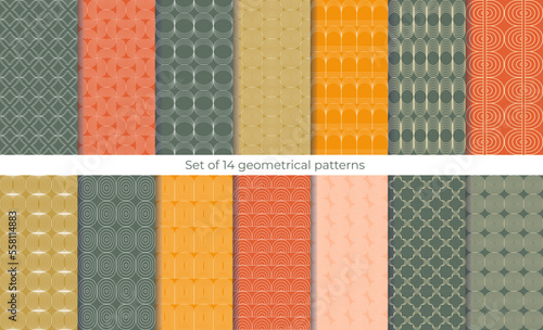 Set of 14 seamless geometrical patterns. Collection of decorative prints. Perfect for textiles, fabric, and wallpaper.