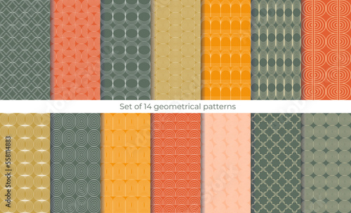 Set of 14 seamless geometrical patterns. Collection of decorative prints. Perfect for textiles, fabric, and wallpaper.