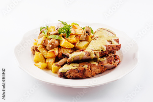 Plate with fried pork fillet, potato wedges, mushrooms
