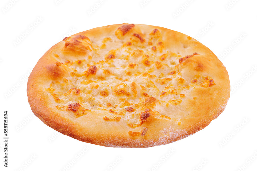 Crispy focaccia with cheese isolated on white background Crispy focaccia with cheese isolated on white background