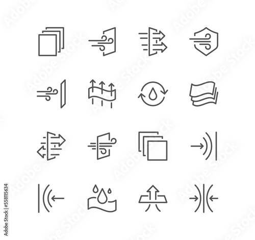 Set of fabric properties and related icons, stetching, windproof, breathable and linear variety vectors.