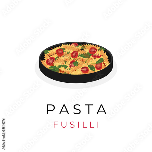 Fusilli Pasta Illustration Logo With Fresh Tomatoes And Basil