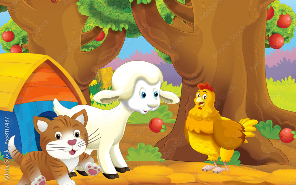 Obraz premium cartoon cat on the farm in garden illustration