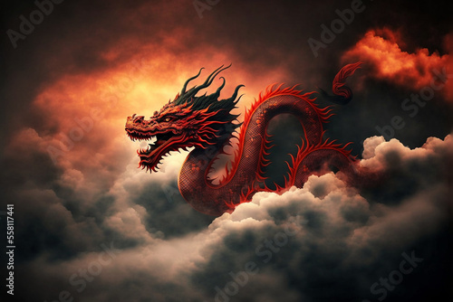 Chinese New Year concept with Flying Dragon against red sky. © erika8213