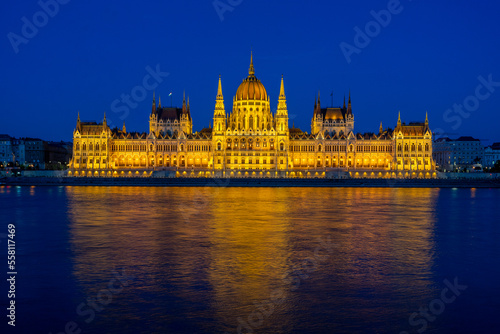 Scenery after sunset of the Hungarian Parliament Building, the symbol of Budapest