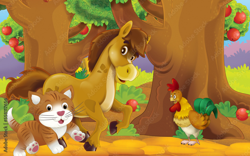Fototapeta premium cartoon cat on the farm in garden illustration