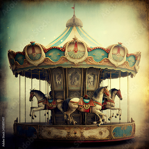 old carousel with horses with vintage effect. childhood memories and nostalgia concept. generative ai