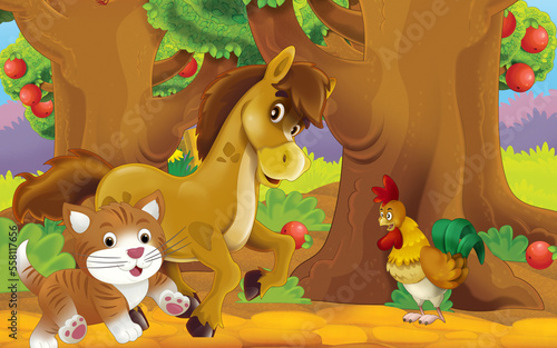 Fototapeta Naklejka Na Ścianę i Meble -  cartoon cat on the farm in garden illustration