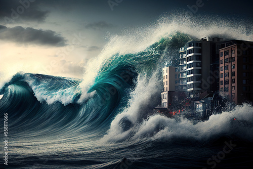 tsunami with big wave hitting city and houses. generative ai