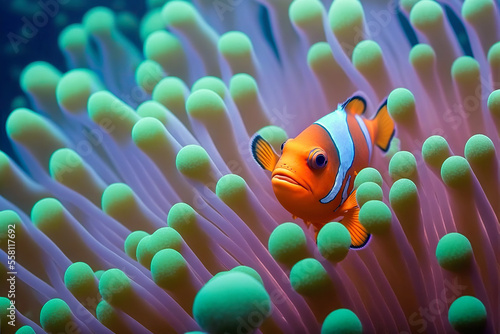 colorful clown fish on anemone. symbiosis concept. generative ai