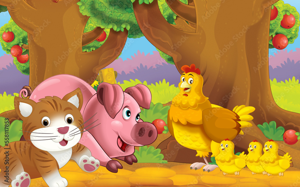 Obraz premium cartoon cat on the farm in garden illustration