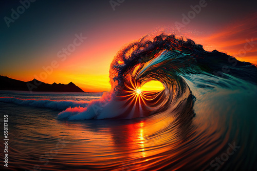 Canvastavla wave curl with barrel breaking at sunset. generative ai