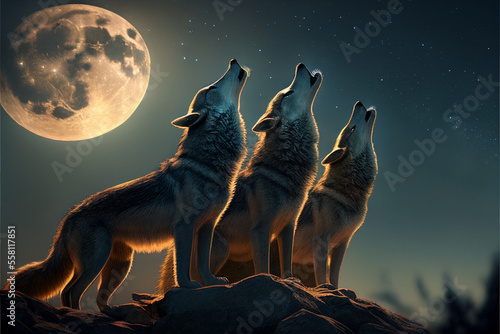 Fototapeta Several wolves howling at the moon. AI generated