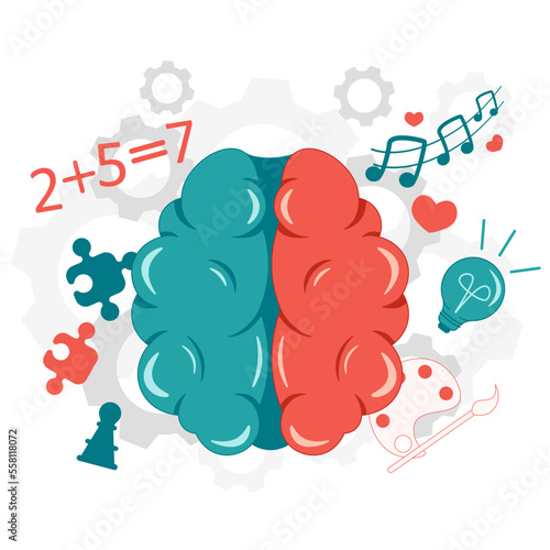 Right and left hemispheres of the brain. Left - logic and analysis. Right - creativity, emotions. flat style