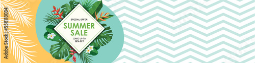 Summer Sale banner with exotic jungle plant, tropical exotic palm leaves and flowers. Blank geometric background area for your custom messages. Best for discount, sale and summer party designs.