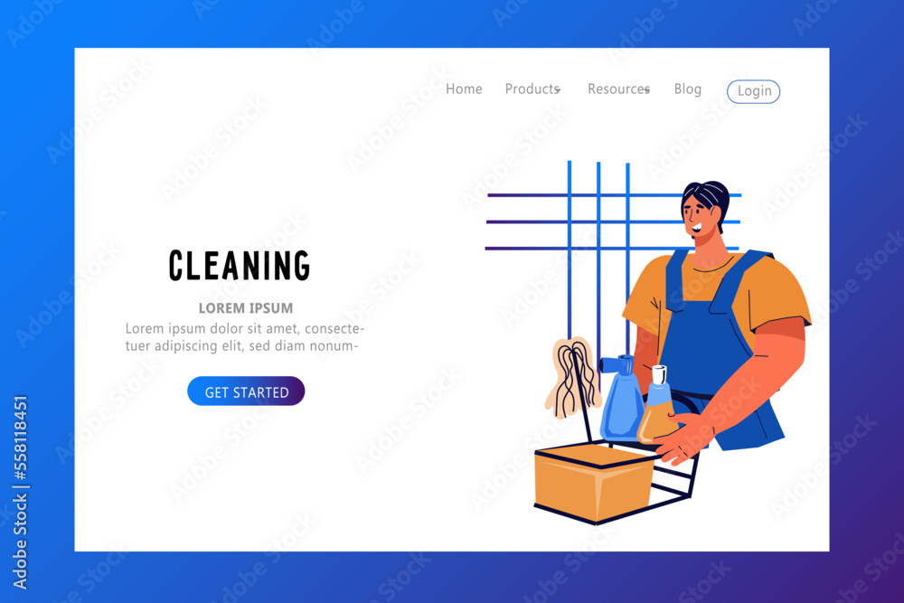Cleaning service website with worker of janitor, flat cartoon vector ...