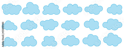 Blue flat cloud shape vector icon set on background.