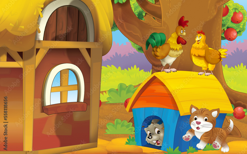 cartoon cat on the farm in garden illustration cartoon cat on the farm in garden illustration