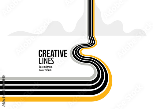 Future lines in 3D perspective vector abstract background, black and yellow linear composition, road to horizon and sky concept, optical illusion op art.