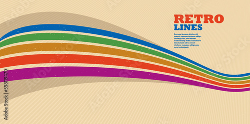 Linear vector abstract background in all colors of rainbow, retro style lines in 3D dimensional perspective, vintage poster art.