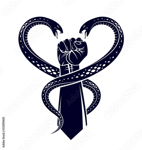 Clenched fist with two snakes classic style tattoo vector vintage symbol, heart shaped serpents around human arm.