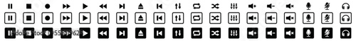 Audio player and video player buttons icon set. Music and sound icon set. Media player buttons icon in square. Video audio player buttons icon. Music sign, symbol illustration