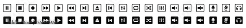Audio player and video player buttons icon set. Music and sound icon set. Media player buttons icon in square. Video audio player buttons icon. Music sign, symbol illustration