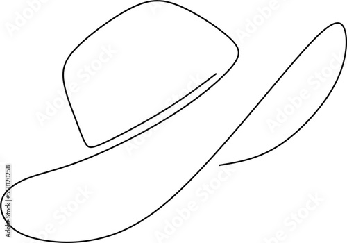 Women sun hat in continuous line art drawing style. Female summer hat with decorative bow knot. Minimalist black linear design isolated on white background. Vector illustration