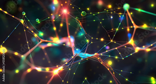 Billede på lærred Pulsing signals between nerve cells inside a neuronal network - illustration