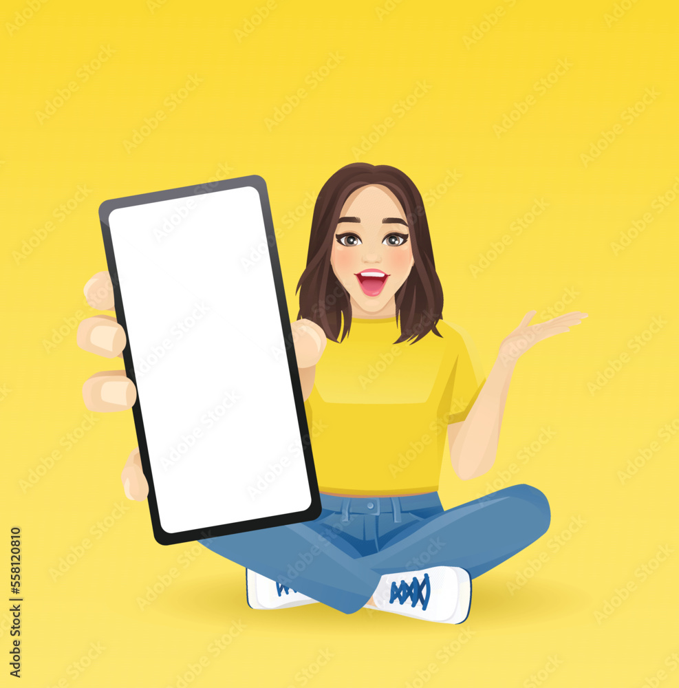 Naklejka premium Young beautiful surprised woman showing blank phone screen sitting in lotus pose with crossed legs isolated vector illustration