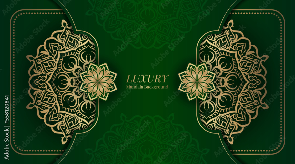 Green background with golden mandala Green background with golden mandala