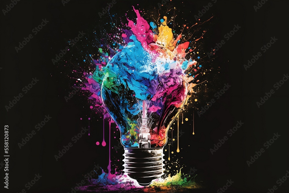 Lightbulb eureka moment with Impactful and inspiring artistic colourful ...