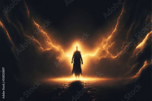 Lone silhouetted figure with darkness illuminated by the light of the divine. Generative AI, this image is not based on any original image, character or person.