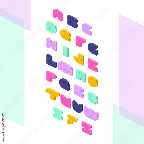 English alphabet in isometry. Funny youth style. Vector clipart