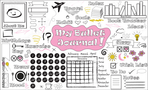 Bullet Journal vector graphics for tracking mood, travel, notes, ideas, books, birthdays, and other uses