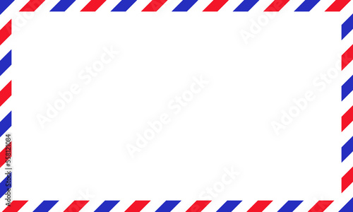 Air mail letter. Post stamp. Airmail frame postcard. Blue red stripes pattern. Mockup template envelope. Vector illustration