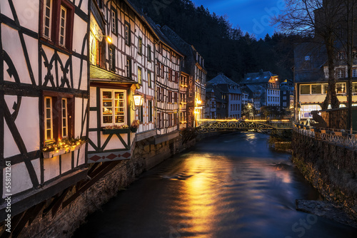 City Monschau in Region national park Eifel with river Rur in the evening with old houses