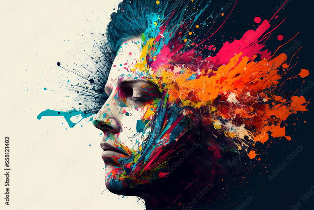 Abstract image of a man with his colourful mind's energy exploding from his mind. Generative AI, this image is not based on any original image, character or person.	
