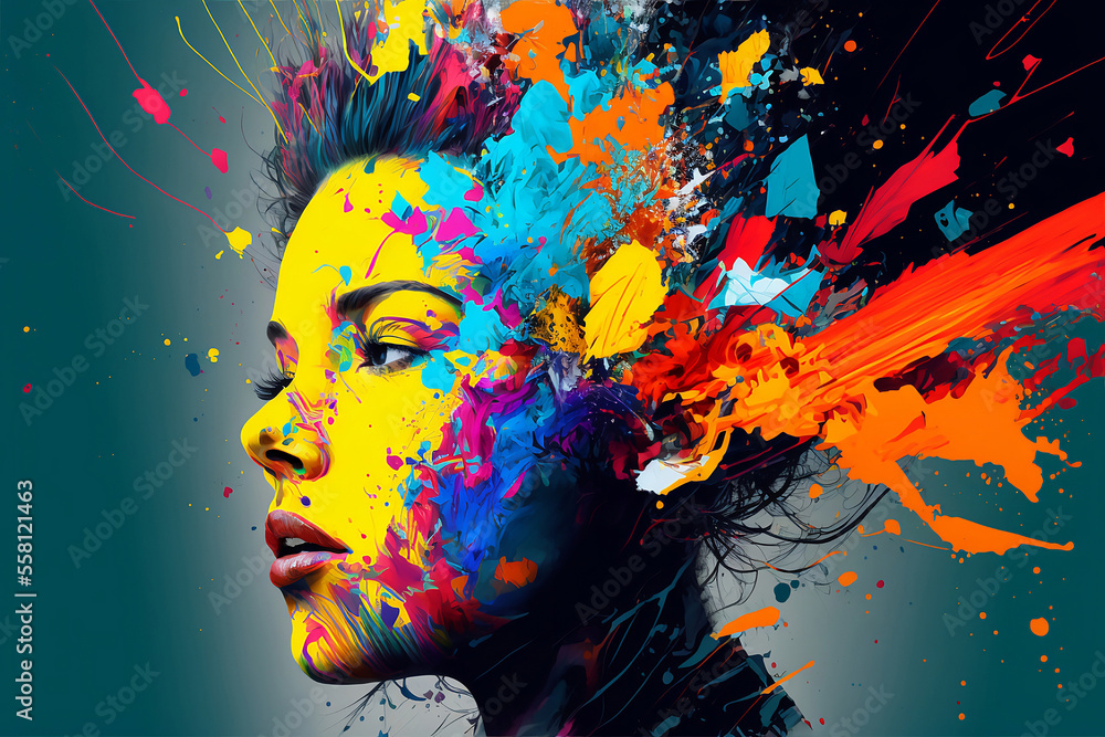Abstract image of a woman with her colourful mind's energy exploding from her mind. Generative AI, this image is not based on any original image, character or person.	
