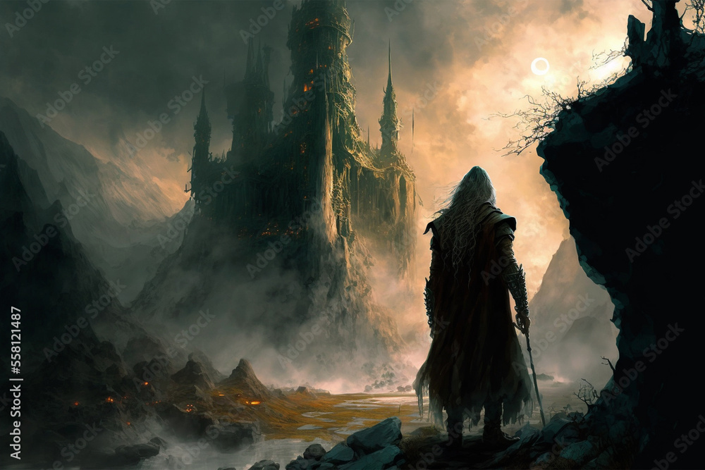 Obraz premium Generative AI illustration of witcher standing in fantasy landscape and looking at castle