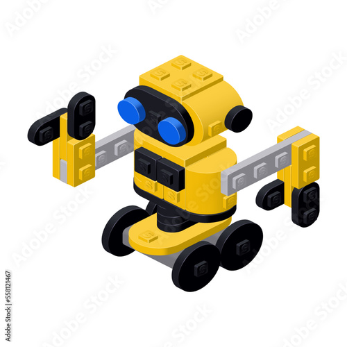 Yellow robot on wheels, assembled from plastic bricks. Vector